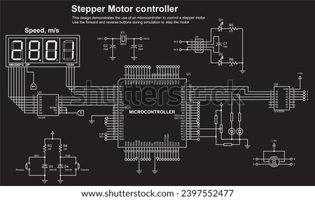 Schematic diagram of electronic device with motor 
operating under the control of a microcontroller.
Vector drawing electrical circuit with button, controller, lcd display
and electronic components. Royalty-Free Stock Photo #2397552477