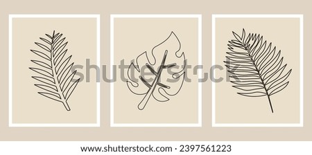 Modern single line art, aesthetic contour. Perfect for home decor such as posters, wall art, tote bag or t-shirt print, sticker, mobile case. One line drawing vector monstera leaf and palm tree leave 