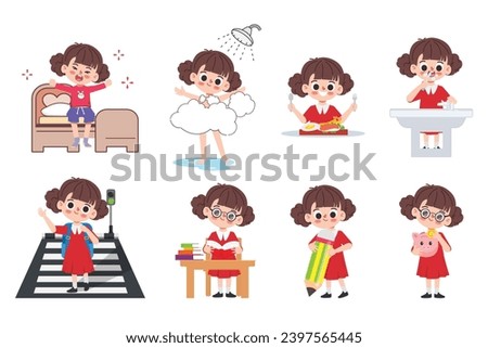 Cute cartoon girl student character. Cartoon Kid in daily routine activity pose