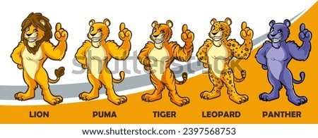 lions tiger puma leopard panther cartoon mascot set with good hand and pointing finger Royalty-Free Stock Photo #2397568753