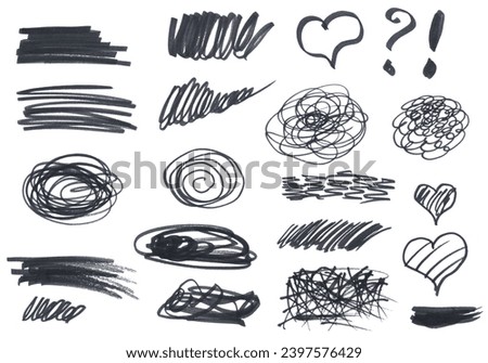 Various black marker shapes on a white background, frame, heart and question mark Royalty-Free Stock Photo #2397576429