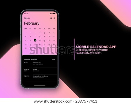 Vector Mobile Calendar App February 2024 Page with To Do List and Tasks UI UX Design Concept on Isolated Photo Realistic Smart Phone Screen Mockup. Smartphone Business Planner Application Template