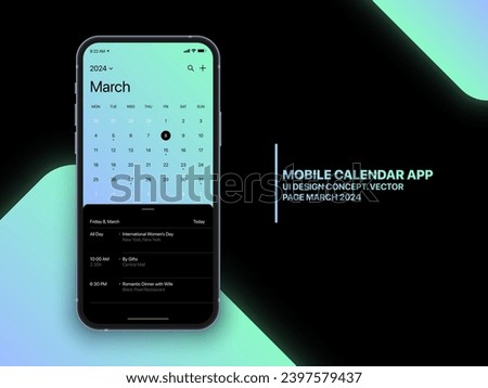 Vector Mobile Calendar App March 2024 Page with To Do List and Tasks UI UX Design Concept on Isolated Photo Realistic Smart Phone Screen Mockup. Smartphone Business Planner Application Template