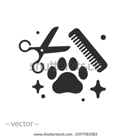 pet grooming icon, animal grooming salon, dog or cat paw, scissors with comb for groomer, flat symbol - editable stroke vector illustration
