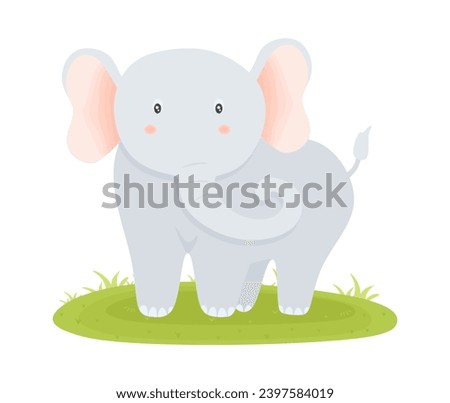 Small cute elephant stands on green grass or meadow. Lovely cute baby elephant in flat style. Cartoon elephant for baby t-shirt print, fashion, kids wear, celebration greeting, invitation card. Vector