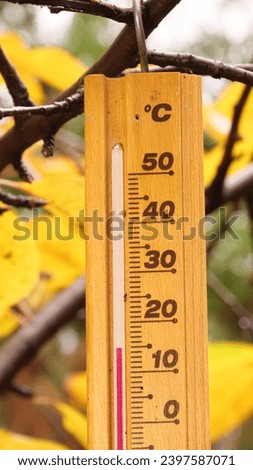 Isolated Thermometer making 15 degrees celsius cold weather temperature in Autumn season in Earth. Yellow tree leaves and green brown Nature forest background. Global climate change.