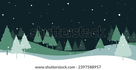 A snowy night in the forest landscape. Flat vector illustration.