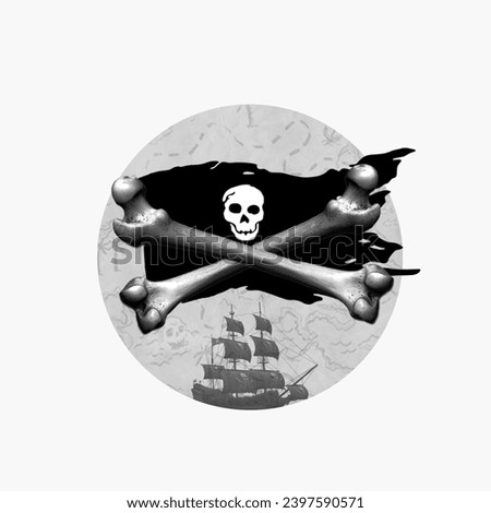 Pirate flag, pirate ship, pirate map, crossed bones, piracy symbol, Pirate, Torn, Flag, Hole, Sea, Ship, Cheerful, Battle, Caribbean, Sky, Skull, Deterioration, Drawing, costume, Sword Royalty-Free Stock Photo #2397590571