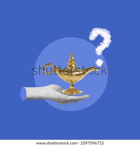 Hand with genie lamp, question mark in smoke, Fog on the road, questioning the scope, raising questions on the road, Analyze, Aspirations, Binoculars, Creativity, Curiosity, Data, Development