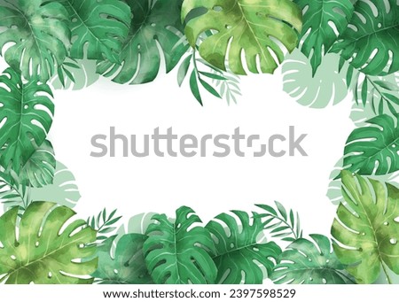 tropical jungle frame with monstera leaves in watercolor