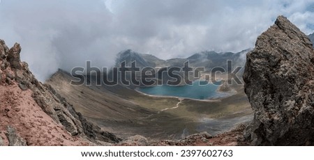 Panoramic view of Volcano Nevado de Toluca National park with lakes inside the crater in Mexico in the blue sky - landscape near of Mexico City - Xinantecatl