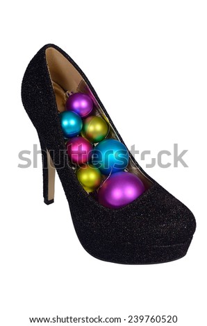 Black female shoes with Christmas colored balls on a white background