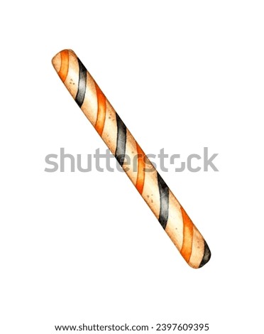 Watercolor illustration of a candy stick with orange and black stripes, a popular dessert during Halloween celebrations, isolated on a white background. Design concept for poster, card, banner, 