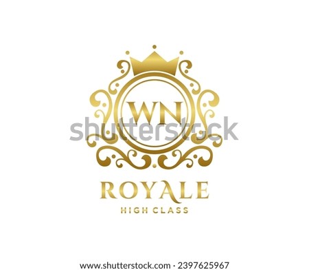 Golden Letter WN template logo Luxury gold letter with crown. Monogram alphabet . Beautiful royal initials