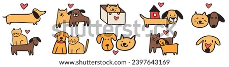 Pets adoption, friendship between cats and dogs. Set of hand drawn vector illustrations. Flat design. Cute animals.