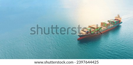 Aerial top view of International Containers Cargo ship, oversea Freight Transportation, Shipping cargo to harbor, Nautical Vessel. Important and efficient transport, Logistics, import export business. Royalty-Free Stock Photo #2397644425