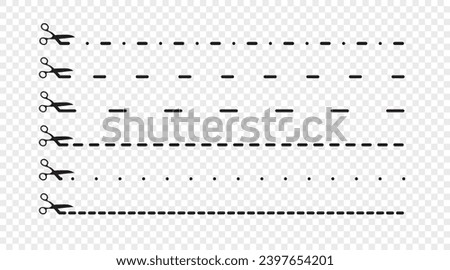 Set of dashed cutting paper lines. Vector illustration. Various stripes templates isolated on transparent backdrop