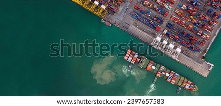 Aerial view of a large, Container cargo ship in the ocean at sunset, Logistics import export, Transportation industry concept.