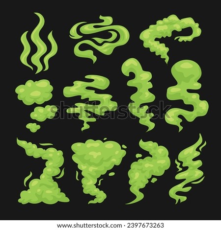 Set of Green Smelling Smoke Collection, smoke and toxic steam set, stench or stink, fume trails, disgusting stinky breathing, fart, spoiled rotten food odor, toxic poison, vector illustration