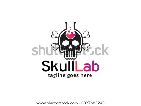 Skull Lab Logo Template. Chemical Flask Vector Design. Science Illustration.