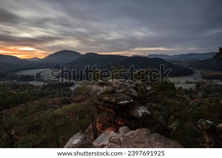 Landscape shot on a sandstone rock in the forest. Morning mood at sunrise at a viewpoint. A small tree and a summit cross stand on the Rötzenfels in the Palatinate Forest, Germany