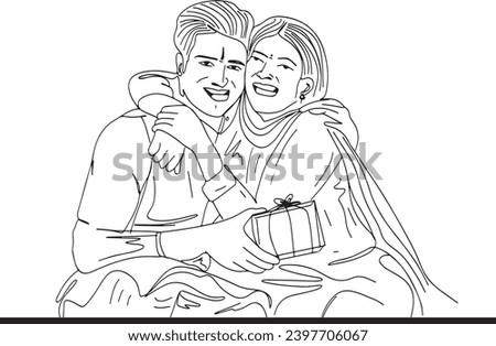 Rakhi Festive Bliss: Indian Brother Presents Gift to Sister - Cartoon Clip Art, Brotherly Love in Sketch: Rakhi Festival Cartoon Illustration Clip Art