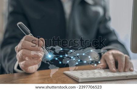 Businessman using virtual world map and connection line for business technology global network concept.