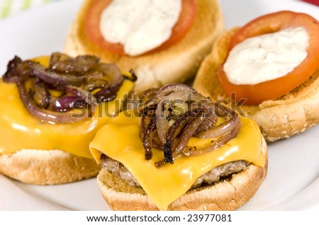Cheeseburger with fried onions tomato and white sauce