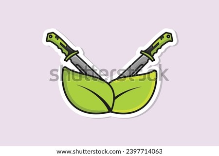 Metal Swords In Cross Sign with Herbal Green Leaves Sticker design vector illustration. Holiday object icon concept. Sword leaf nature environment logo icon. Metal swords for game Sticker design. Royalty-Free Stock Photo #2397714063