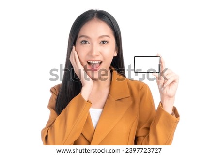 Asian business woman cute girl holding and showing empty business card or name card - for payment shopping online and - paying by credit card isolated on white background - business concept