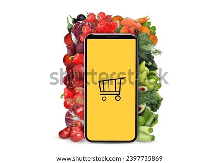 Online purchases. Smartphone with shopping cart icon surrounded by different fruits and vegetables on white background
