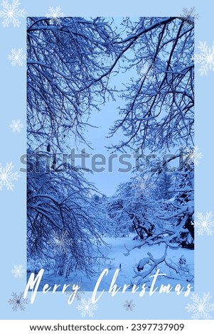 Beautiful Christmas card with picture of snowy garden and sign with snowflakes, perfect gift for Christmas