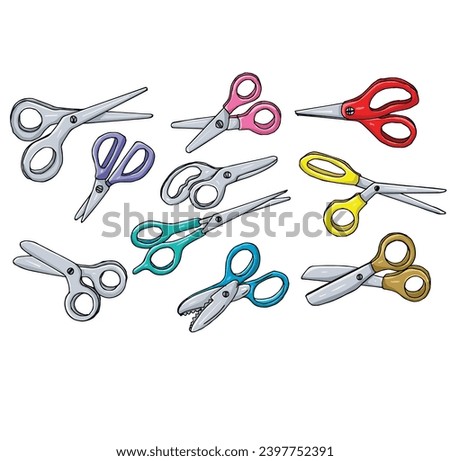 cute cartoon metal scissors with multicolored handles school supplies needlework items clipart page for kids. Vector illustration for children. Mathematical logic.