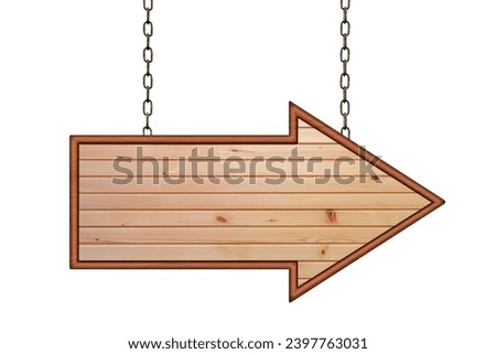 Blank shooter sign made from boards hangs on iron chains. Arrow sign. Signboard isolated on white background