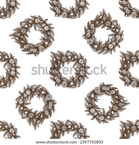 Seamless pattern of hand-drawn Christmas wreath isolated on white, decoration for christmas. Vector vintage drawing in sketch style. Traditional Cozy Christmas. Object for christmas card, packaging.