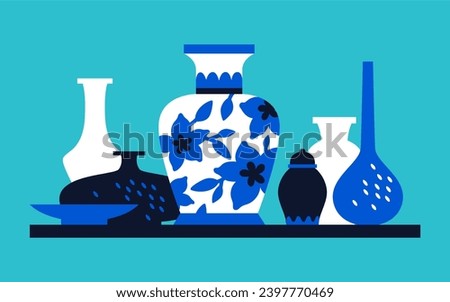 Set of vessels and utensils - modern colored vector illustration with decorative and kitchen porcelain and ceramic products. Chinese service, jugs, vases and bowls. Traditional Asian souvenirs idea Royalty-Free Stock Photo #2397770469