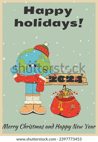 Vintage cartoon New Year and Christmas card.The funny character planet earth stands next to the inscription 2024 and a bag of gifts.Print,sticker, poster.Vector illustration in retro style of the 60s