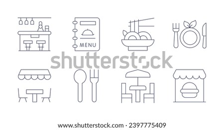 Restaurant icons. Editable stroke. Containing pad thai, bar, vegetarian, restaurant, terrace, menu, cutlery. Royalty-Free Stock Photo #2397775409