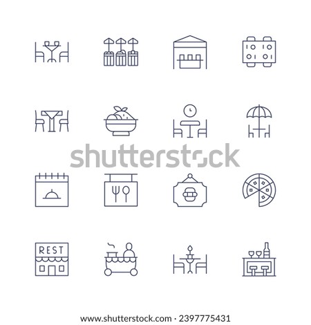Restaurant icon set. Thin line icon. Editable stroke. Containing food stand, dinning table, lunchtime, terrace, sign, pizza, dinner, bar, table, restaurant, restaurant building, street market. Royalty-Free Stock Photo #2397775431