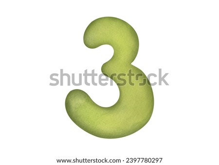 cut out Watercolor one green digit three 3 isolated on white background. clip art cute symbols of children age for happy birthday cards. Learning numeracy, numbers, mathematics for kids