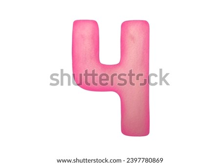 cut out Watercolor one pink digit four 4 isolated on white background. clip art cute symbols of children age for happy birthday cards. Learning numeracy, numbers, mathematics for kids
