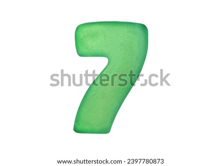 cut out Watercolor one green digit seven 7 isolated on white background. clip art cute symbols of children age for happy birthday cards. Learning numeracy, numbers, mathematics for kids