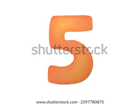 cut out Watercolor one orange digit five 5 isolated on white background. clip art cute symbols of children age for happy birthday cards. Learning numeracy, numbers, mathematics for kids