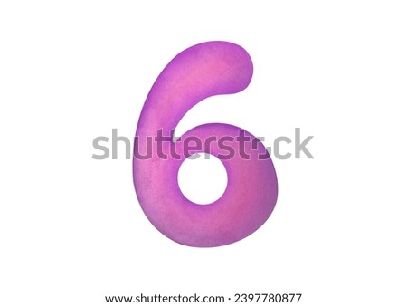 cut out Watercolor one pink, purple digit six 6 isolated on white background. clip art cute symbols of children age for happy birthday cards. Learning numeracy, numbers, mathematics for kids