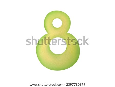 cut out Watercolor one green digit eight 8 isolated on white background. clip art cute symbols of children age for happy birthday cards. Learning numeracy, numbers, mathematics for kids