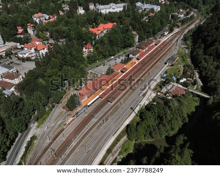 Top view of the train station in the town of Sinaia, a mountain resort located in the Prahova Valley, Romania. It was built in 1913 and at first it was reserved for the Romanian royal family only.