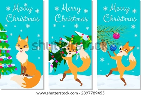 Christmas story time. Fox with a Christmas tree on a winter background. Christmas and New Year vector composition. 