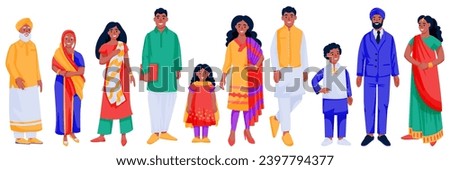 Indian people in traditional clothing set. Vector flat cartoon characters illustration. Family, kids, seniors, men in suits and women in colorful beautiful sarees, isolated on white background