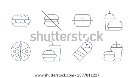 Fast food icons. Editable stroke. Containing calamari sandwich, pizza, no fast food, fast food, food box, kebab.
