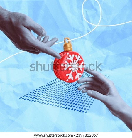 Christmas art collage. Man and woman touching festive ball on color background